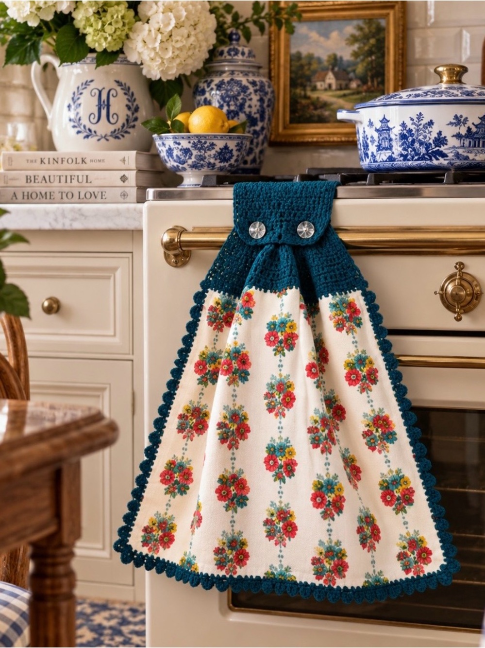 The Pioneer Woman Teal Crochet-Trim Floral Kitchen Towel